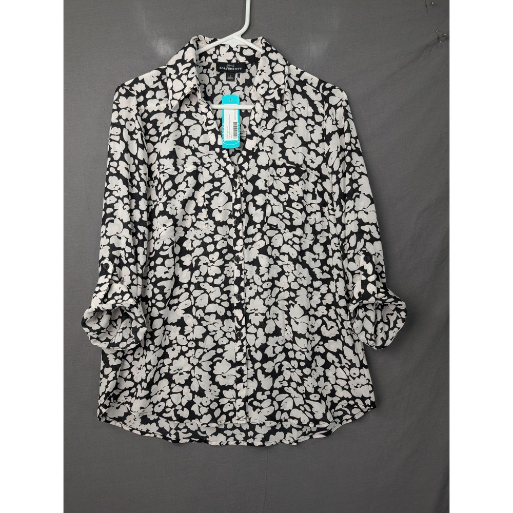 Fortune + Ivy Womens Large Black White Floral Button Down Roll Tab Sleeve Top